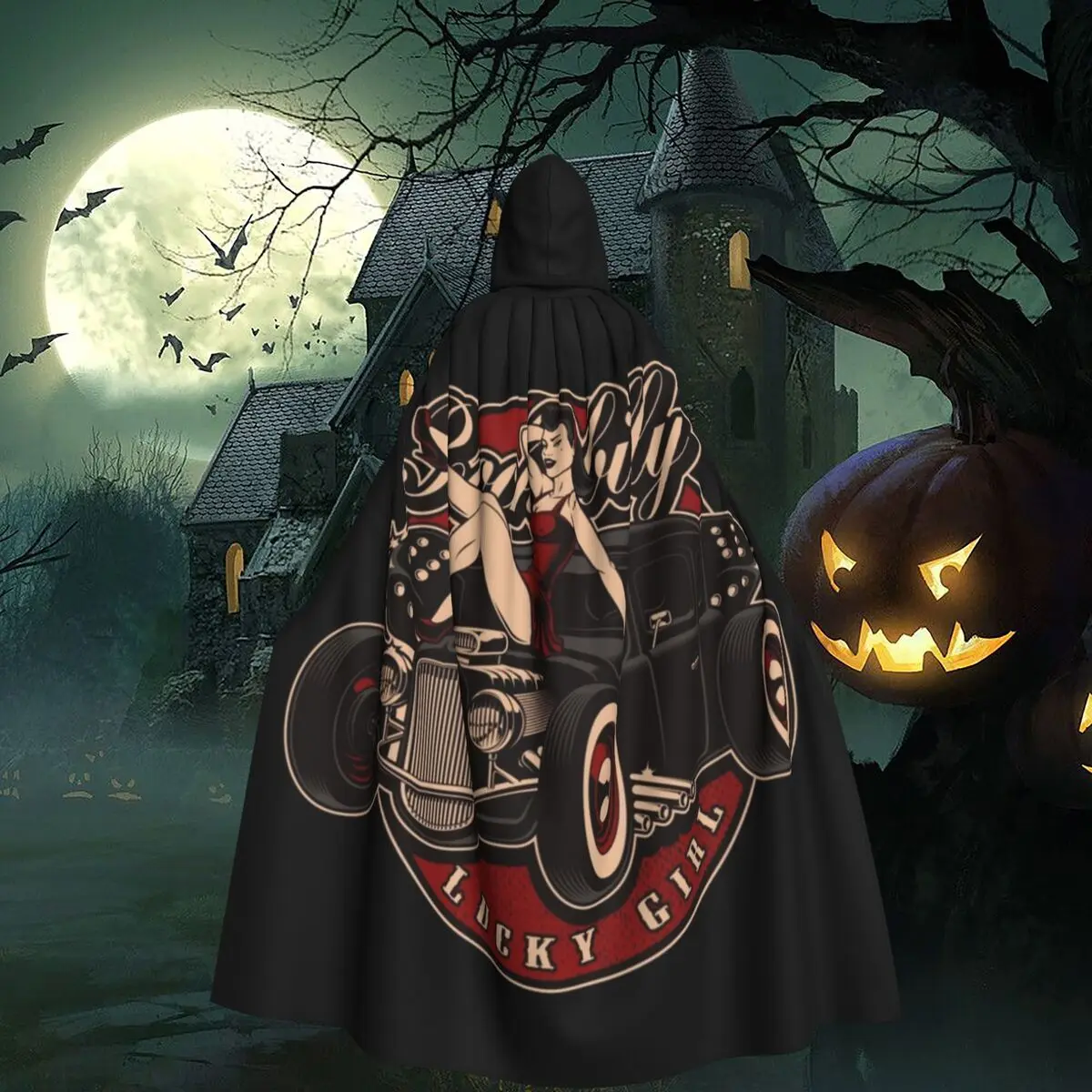 Capa larga con capucha estilo rockabilly, con motivos de Hot Rod y Pin Up, disfraz de bruja medieval, capa para cosplay, disfraz de Halloween, capa de vampiro, para adultos, unisex.