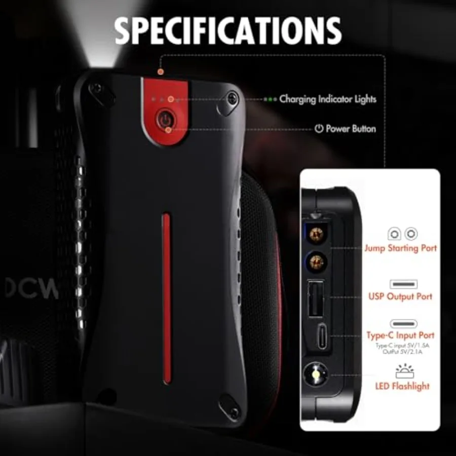 بطارية سيارة محمولة 12 فولت مع تيار ذروة 3000 أمبير ودعم شحن سريع USB مثالي للبنزين حتى 7.0 لتر و5.