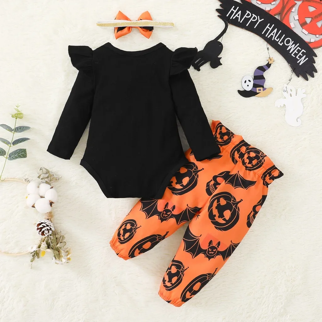 0-18 Months Newborn Baby Girl Halloween 2PCS Clothing Set Pumpkin Long Sleeve Bodysuit+Skull Pants+Headwear Holiday Outfits  ﻿