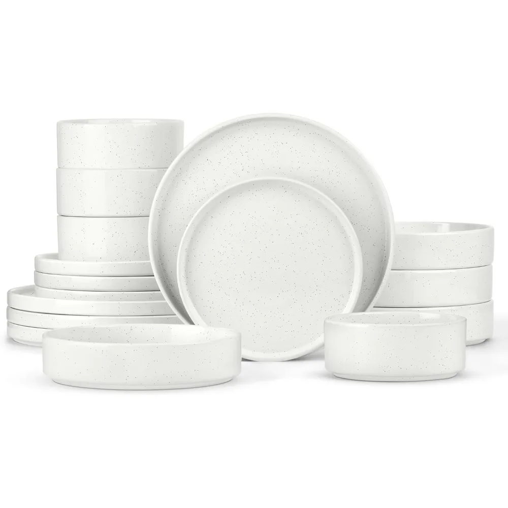طقم أواني طعام مكون من 16 قطعة مع أطباق وأطباق معكرونة لـ 4 أوعية من الخزف الحجري لغسالة الأطباق والميكروويف آمنة مرقطة باللون الأبيض