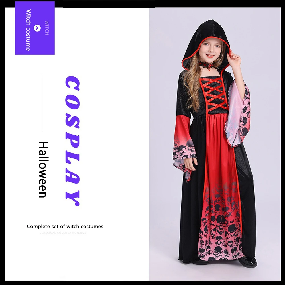 Gothic Vampire Long Dress Costume Red Floral Inner Robe With Flared Sleeves Hooded Skeleton Print Gown And Flame Pattern Hem Dress Classic Stand Collar Matching Decorative Neck Ring For Halloween Gathering Haunted House Event Horror Themed Cosplay Outfit view 3
