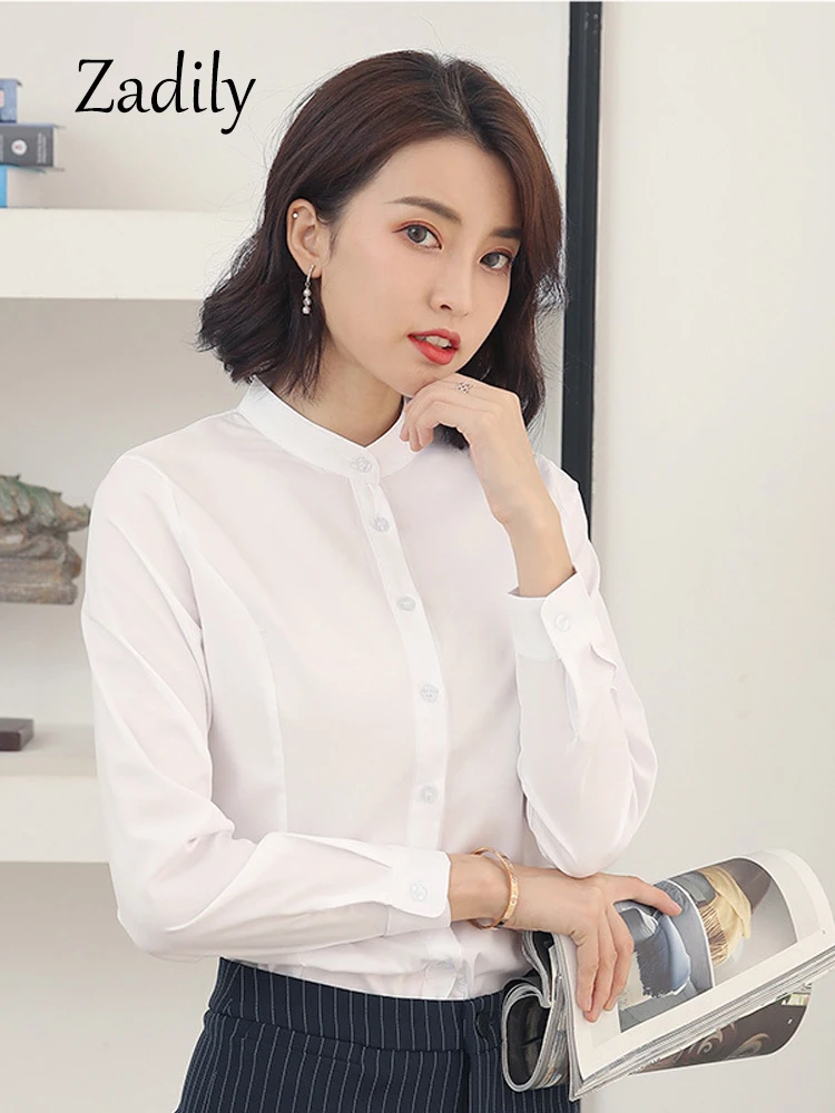 Zadily Office Lady Long Sleeve Women White Basic Shirt Blouse Stand Neck Tunic Button Up Work Female Clothing All Season Tops