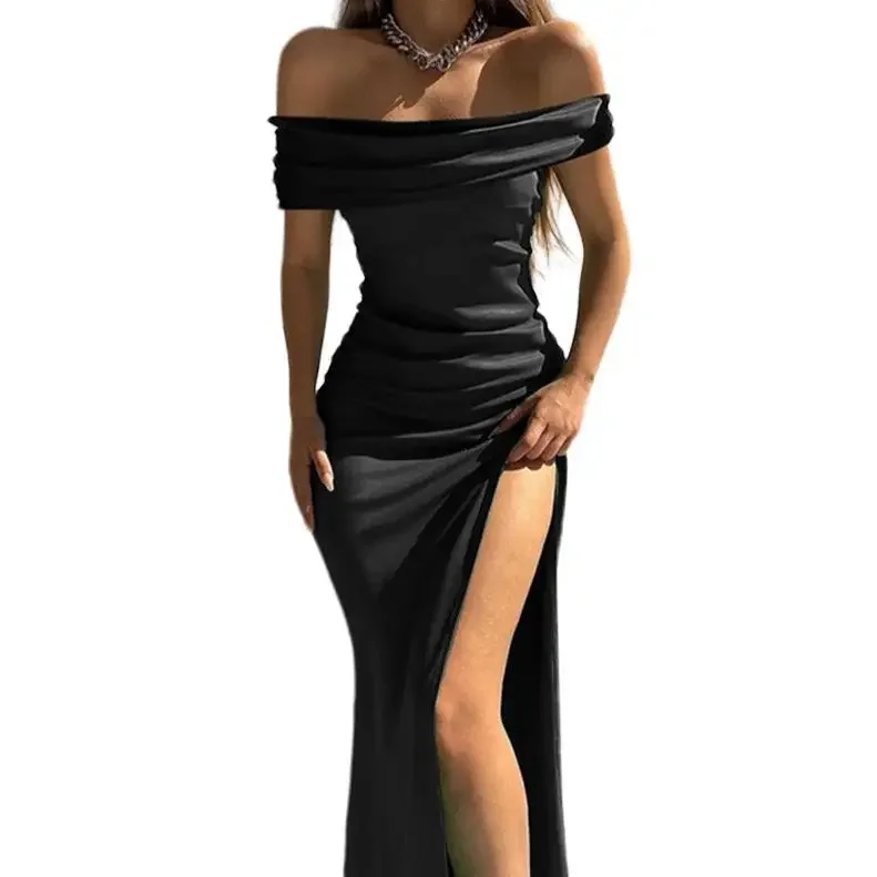 2024 neue Sommer Frauen Grün Ballkleider Sexy Roben Off Schulter Hohe Schlitz Satin Abendkleid Midi Langes Kleid Festival Party tragen