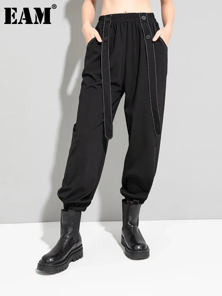 

[EAM] High Elastic Waist Black Topstitched Long Harem Trousers New Loose Fit Pants Women Fashion Tide Spring Autumn 2024 1DE6619