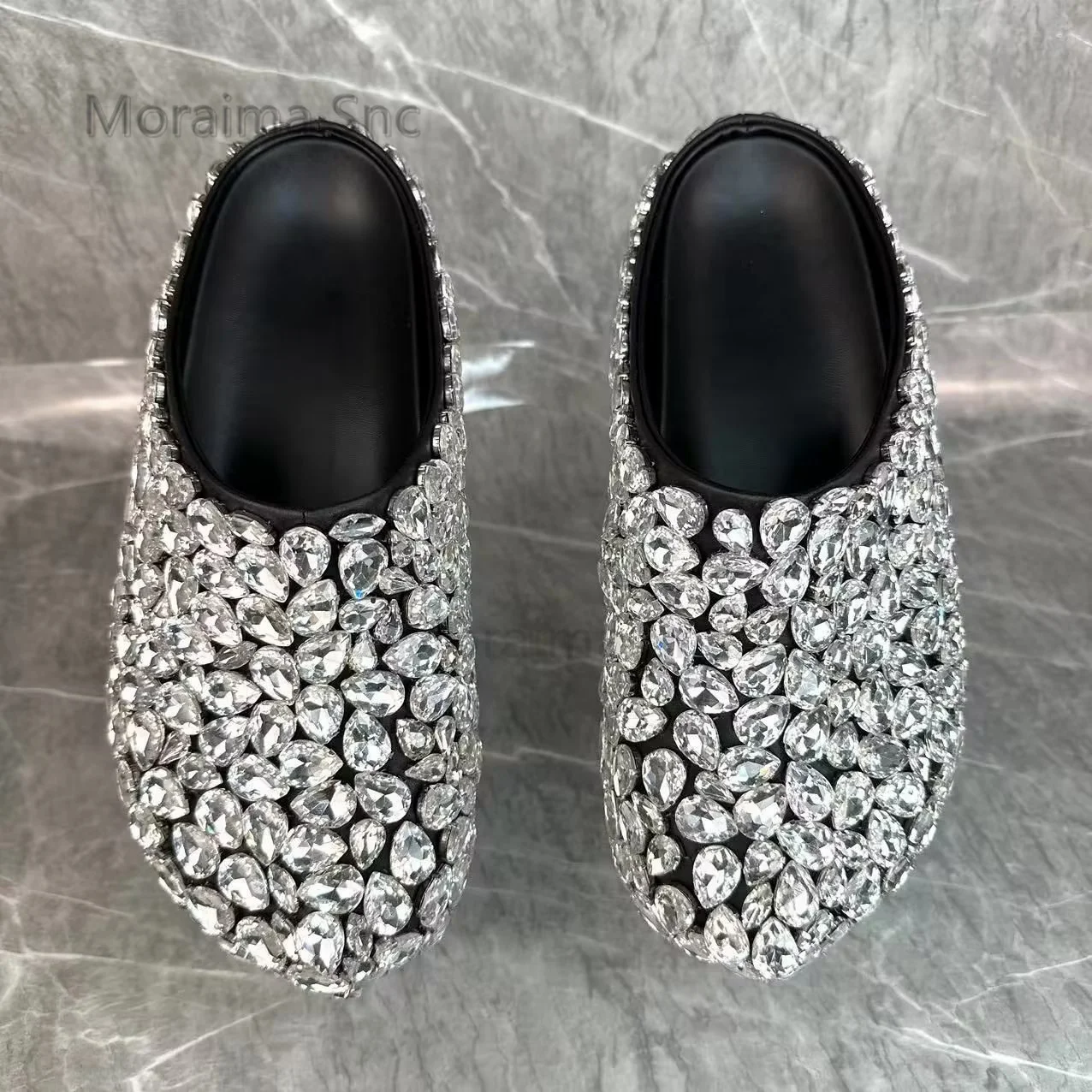 Full Crystal Rhinestone Half Slippers for Women Summer Round Toe Flat Shoes Catwalk Show Wedding Genuine Leather Women Shoes