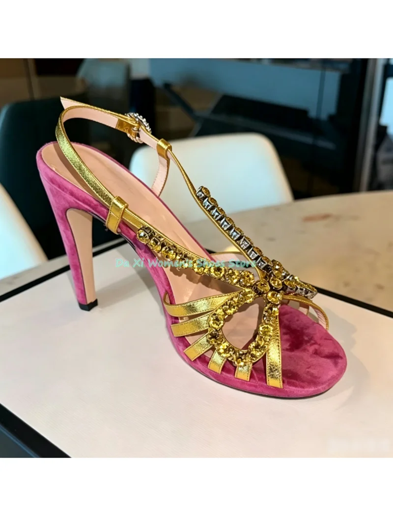 Round Head Open Toes Bow Rhinestones Decorate Pink Velvet Fabric Stilettos Shoe Shallow Manual Customized Luxury Women's Shoes