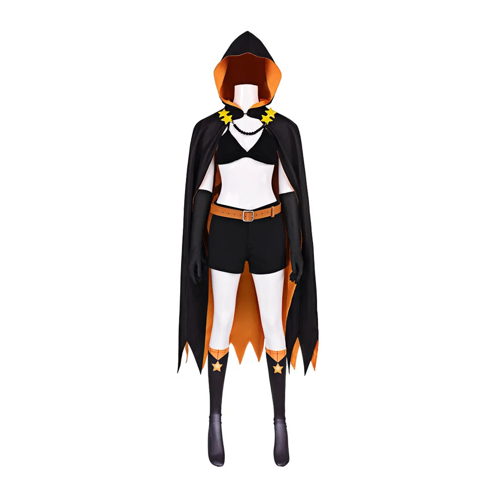Re:Zero Shaula Cosplay Black Orange Hooded Cloak Crop Top Shorts Gloves Socks Necklace Belt Full Anime Halloween Cosplay Outfit view 5