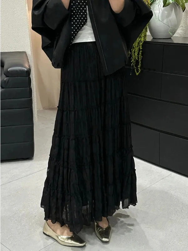 Elegant A-Line  Skirt with Cake Design And Wood Grain  for Women Summer Slimming High Waist Polyester Blend Skirt