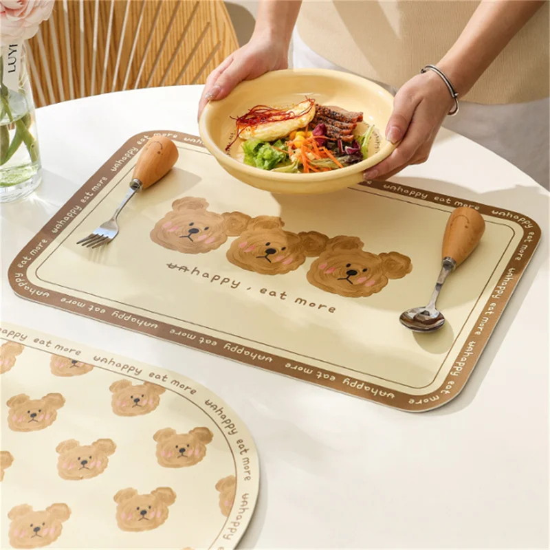 Cartoon Bear Leather Meal Placemat Ins Wind PU Insulation Mat Premium Light Luxury Western Food Dinner Waterproof  Desktop Pad