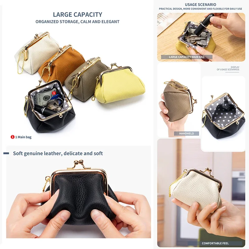 Genuine Leather Coin Purse Kiss Lock Coin Purse for Women Large Capacity Coin Pouch Change Purse Female Coins Organizer Wallet