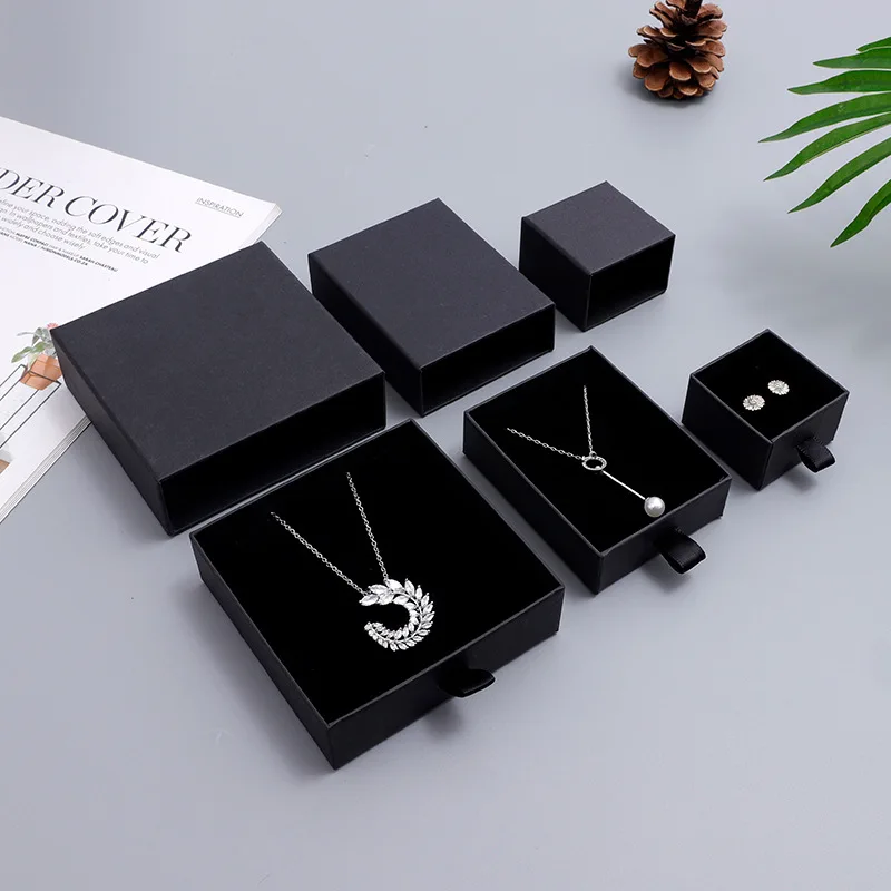 Imagem -02 - Papelão Gift Box com Logotipo Personalizado Jewelry Box Chique Pequeno Viagem Jóias Embalagem Display para Colar Black Bulk Drawer 24 Pcs