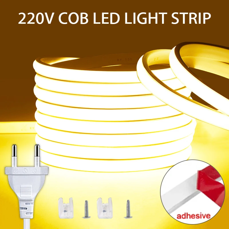 Super Bright COB Led Strip Lights 220V EU Power Plug Waterproof 220V Led Light for Room Kitchen, Outdoor Flexible Ribbon Tape