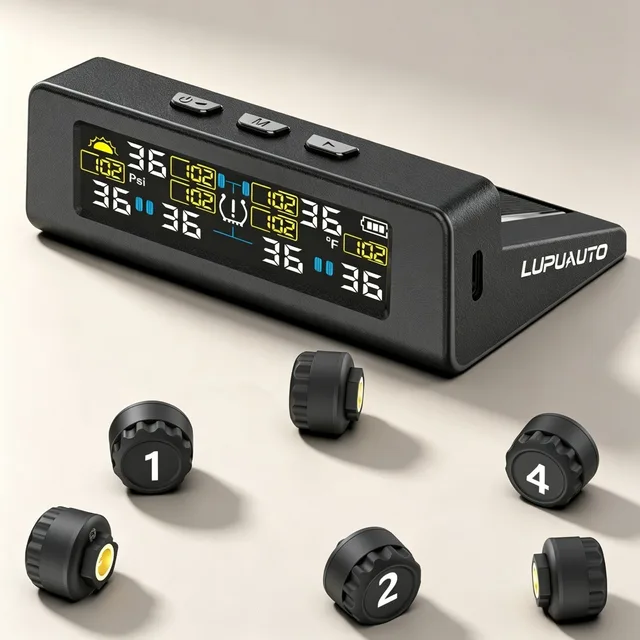 TPMS Tire Pressure Monitoring System Car Safety Alarm System Wireless Solar&USB Powered 4 Sensors with Color Digital Display TPMS Tire Pressure Monitoring System Car Safety Alarm System Wireless Solar&USB Powered 4 Sensors with Color Digital Display
