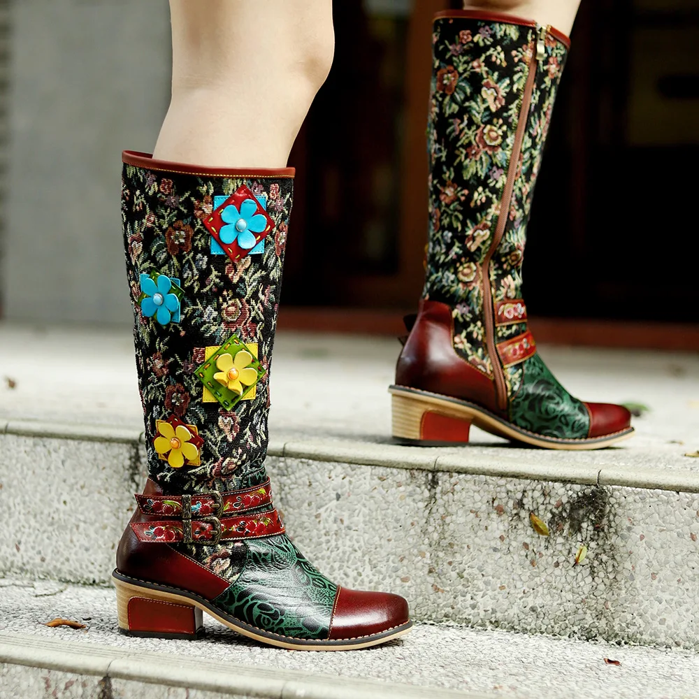 

Socofy Raffan Ethnic Style Printed Patchwork Stereo Flower Belt Buckle Comfort Chunky Heel High Boots