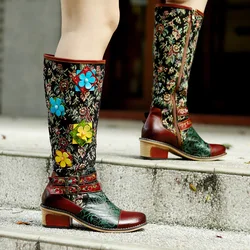 Socofy Raffan Ethnic Style Printed Patchwork Stereo Flower Belt Buckle Comfort Chunky Heel High Boots