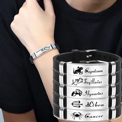 12 Constellations Stainless Steel Adjustable Silicone Bracelet for Women Men Fashion Waterproof Zodiac Bangle Accessories Gift