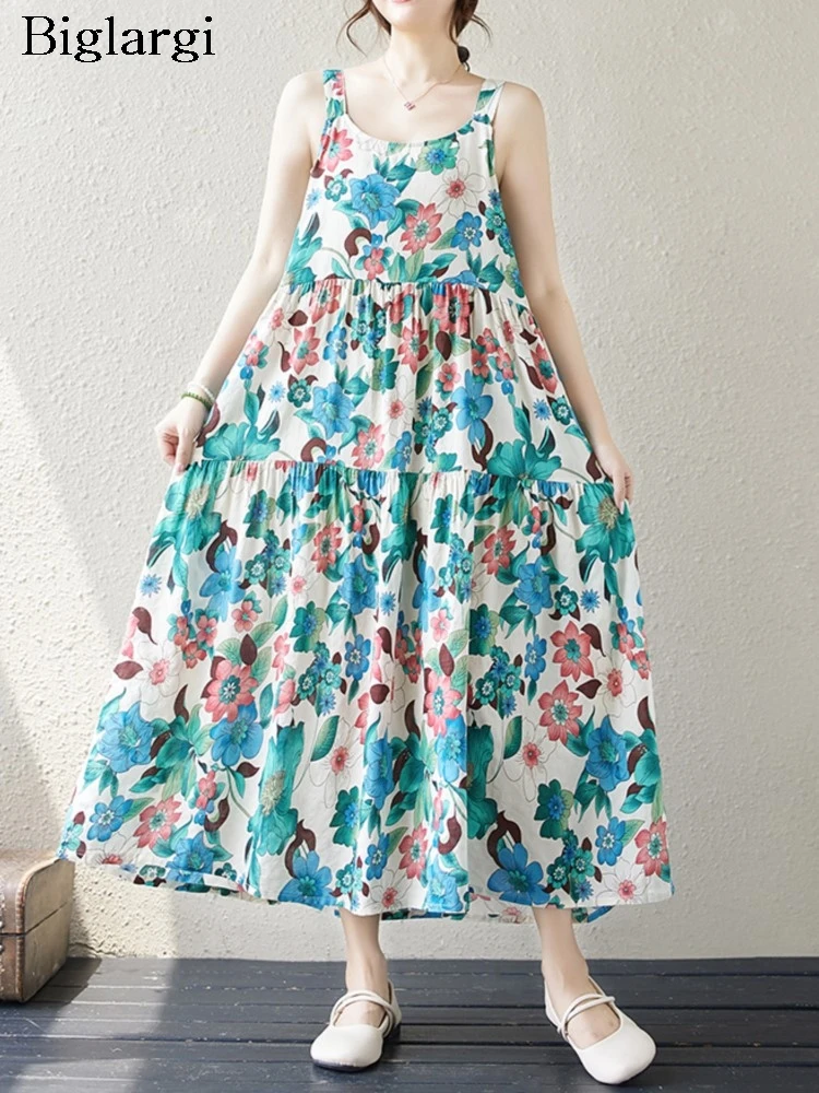 Vestido feminino floral sem mangas em linha A, vestido feminino solto plissado, longo, moda floral plissado, de grandes dimensões, verão