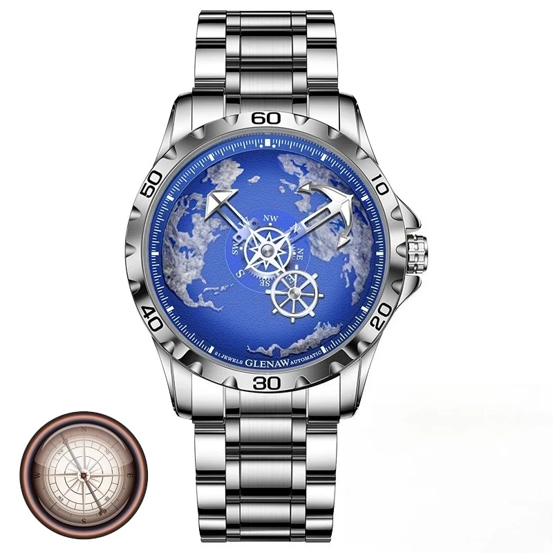 ساعة رجالية فاخرة من الفولاذ المقاوم للصدأ ساعة مضيئة بتصميم مؤشر مرساة مقاومة للماء ساعة رياضية خارجية Relogio Masculino