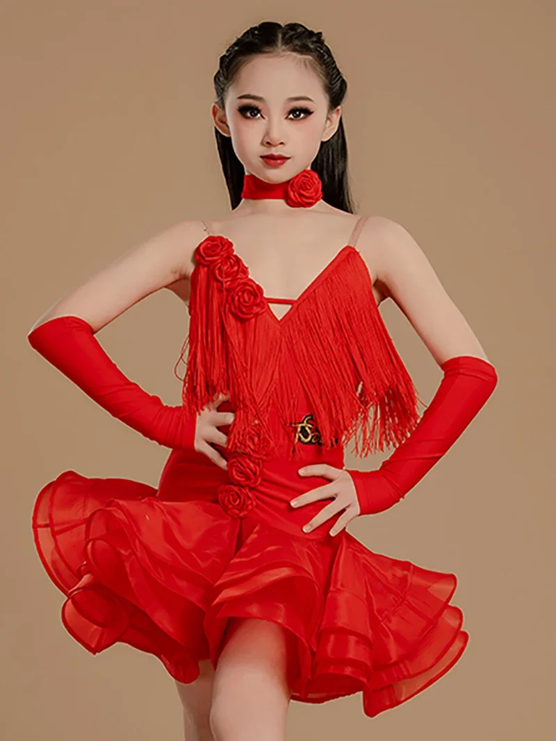 Costumi di danza latina Bambini Ragazze Sala da ballo Concorso Dancewear Halter Backless Fiori Nappe Tuta e grandi gonne altalena