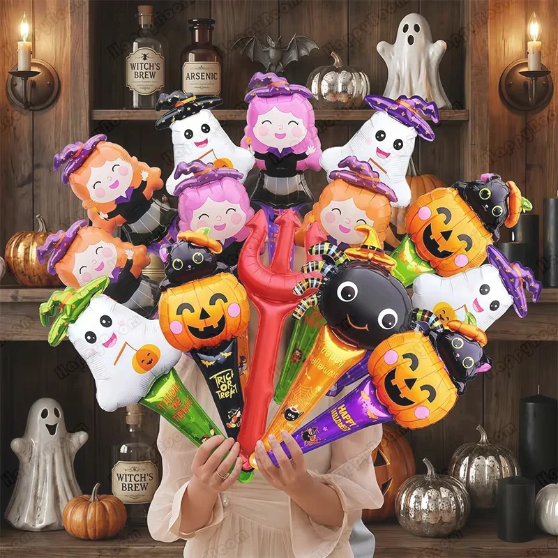 22Pcs Halloween Handheld Foil Balloons Random Style Halloween Party Decoration Globos Holiday Favors Kids Party Supplies Props