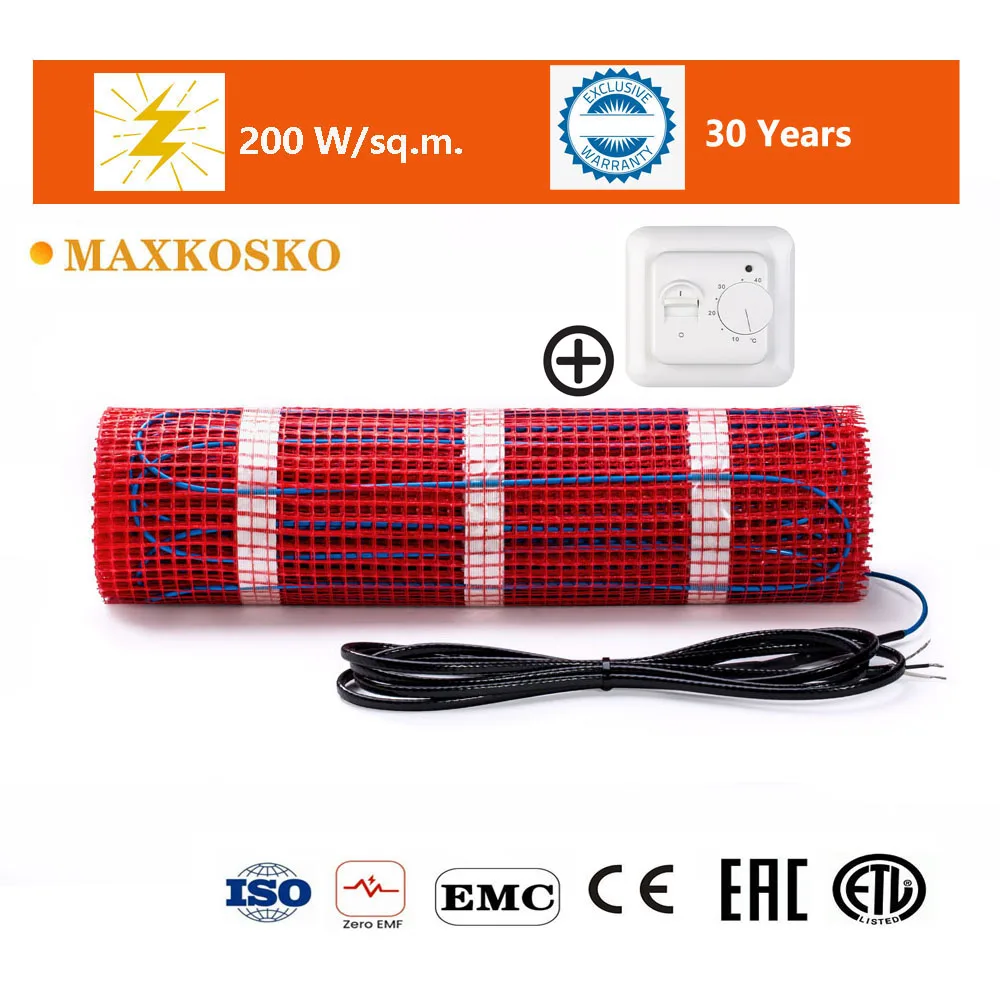 Electric Floor Heating Mat TWO Conductor with thermostat House Warming Heater for Under Tile Timber Floor Heating System 200W/m²