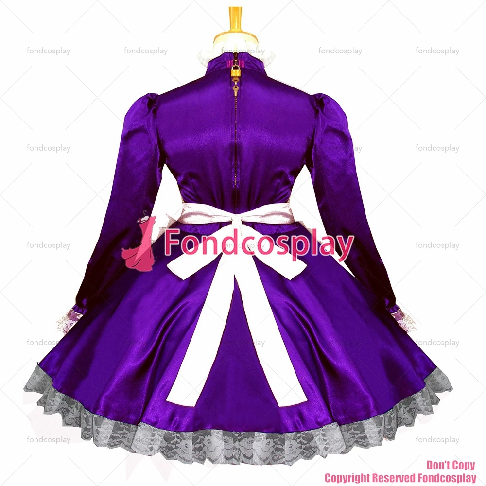 fondcosplay adult sexy cross dressing sissy maid short Grape Purple Satin Dress apron Lockable Uniform Costume Custom-made[G580]