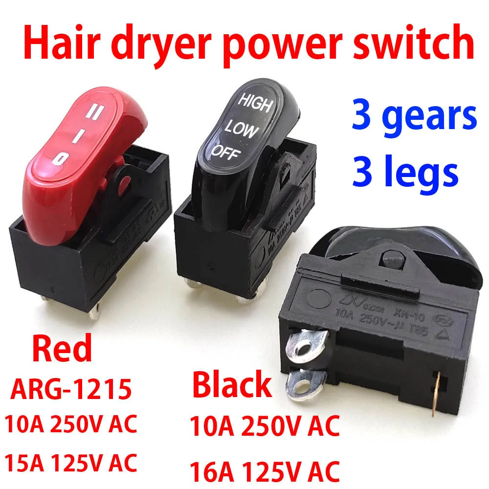 Black Red Electric Hair Dryer Button Switch On Off 10A 250V AC/15A 125V AC Rocker Switch 3 Gears Toggle Type For ARG-1215