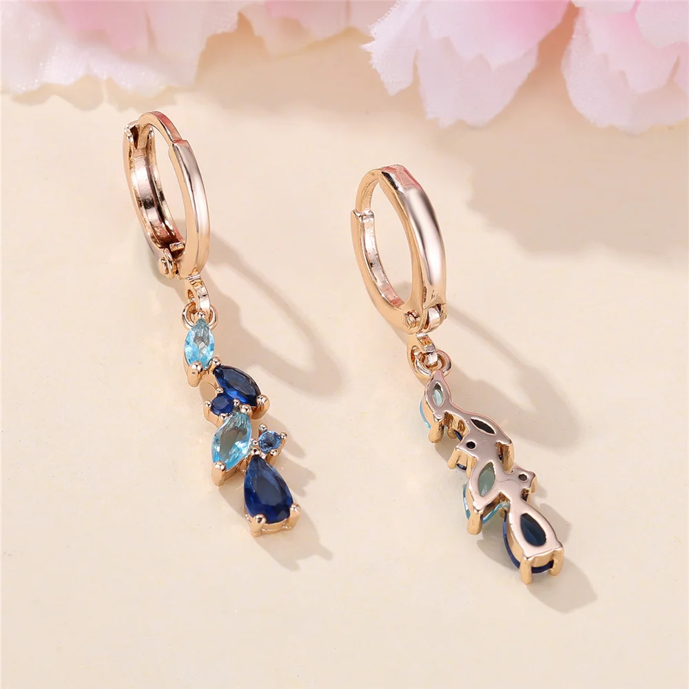 Charm Female Blue Crystal Zircon Stone Wheat Hoop Earrings Gold Color Simple Wedding Jewelry For Women
