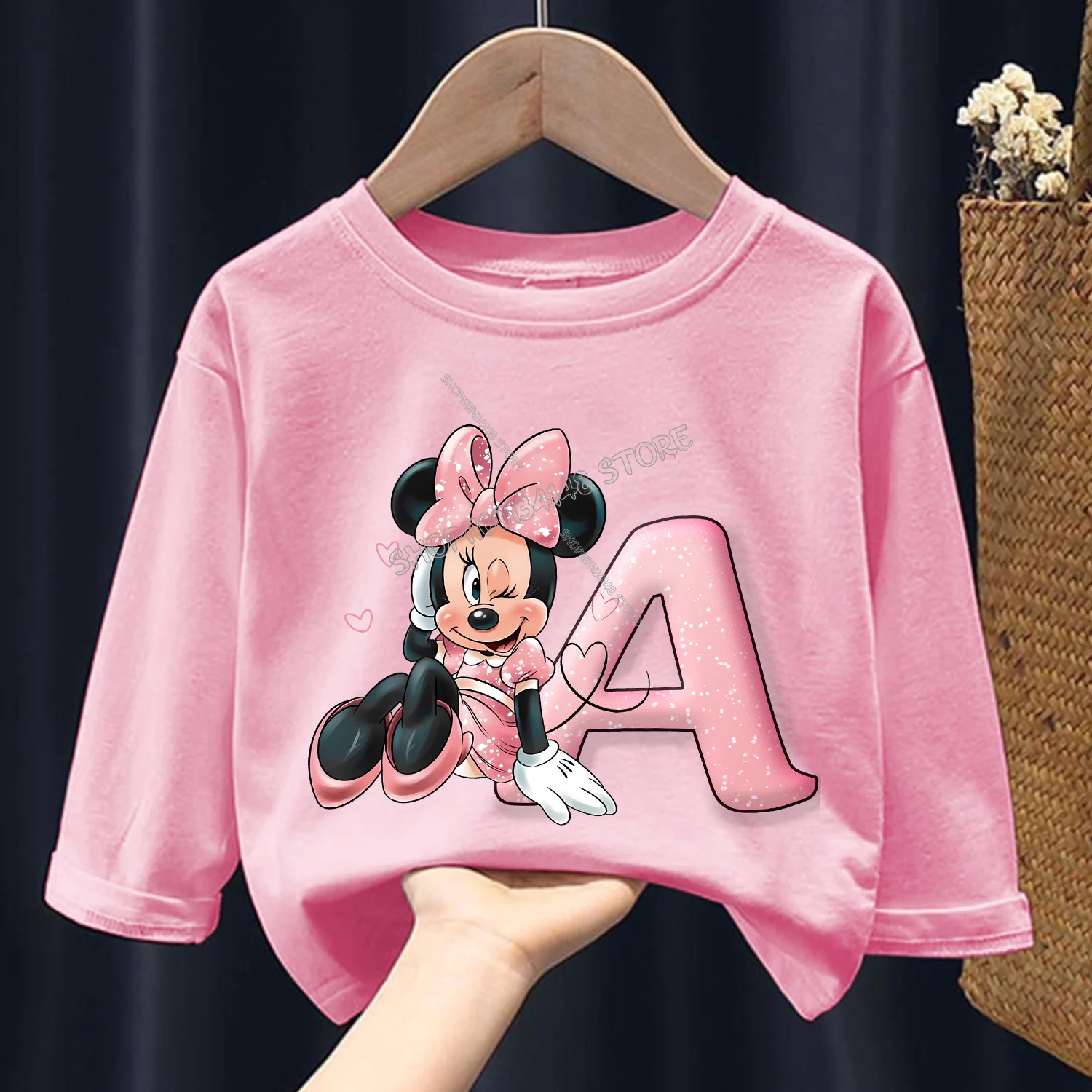 Disney Minnie Mouse Long Sleeve for Children A-Z Letter Cartoon Clothing Girls Pink Caftan Kids Clothes Round Neck Blouse Gift