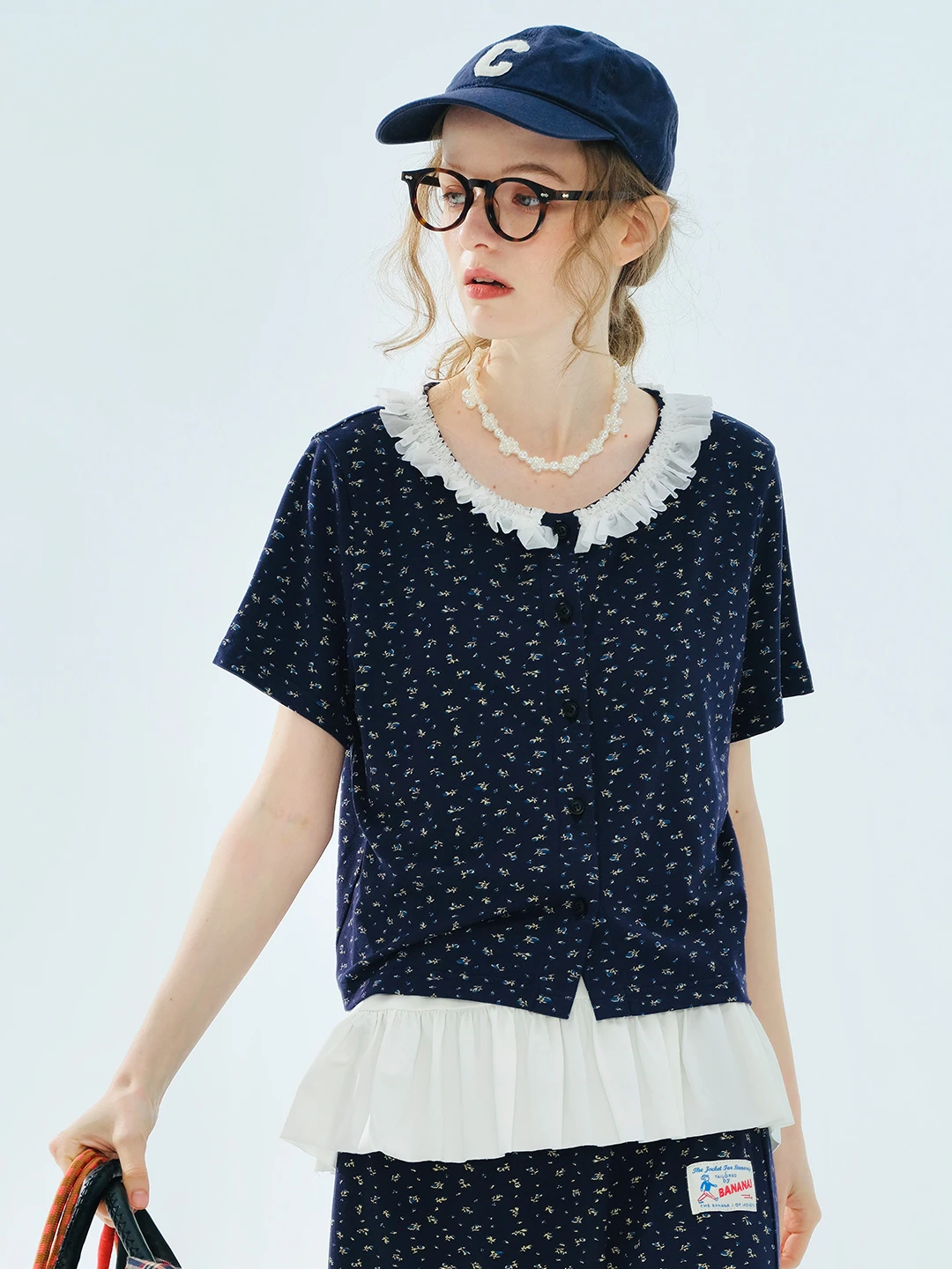 

Shirt imakokoni 2025 summer commuting floral knit round neck short sleeved cardigan 255113