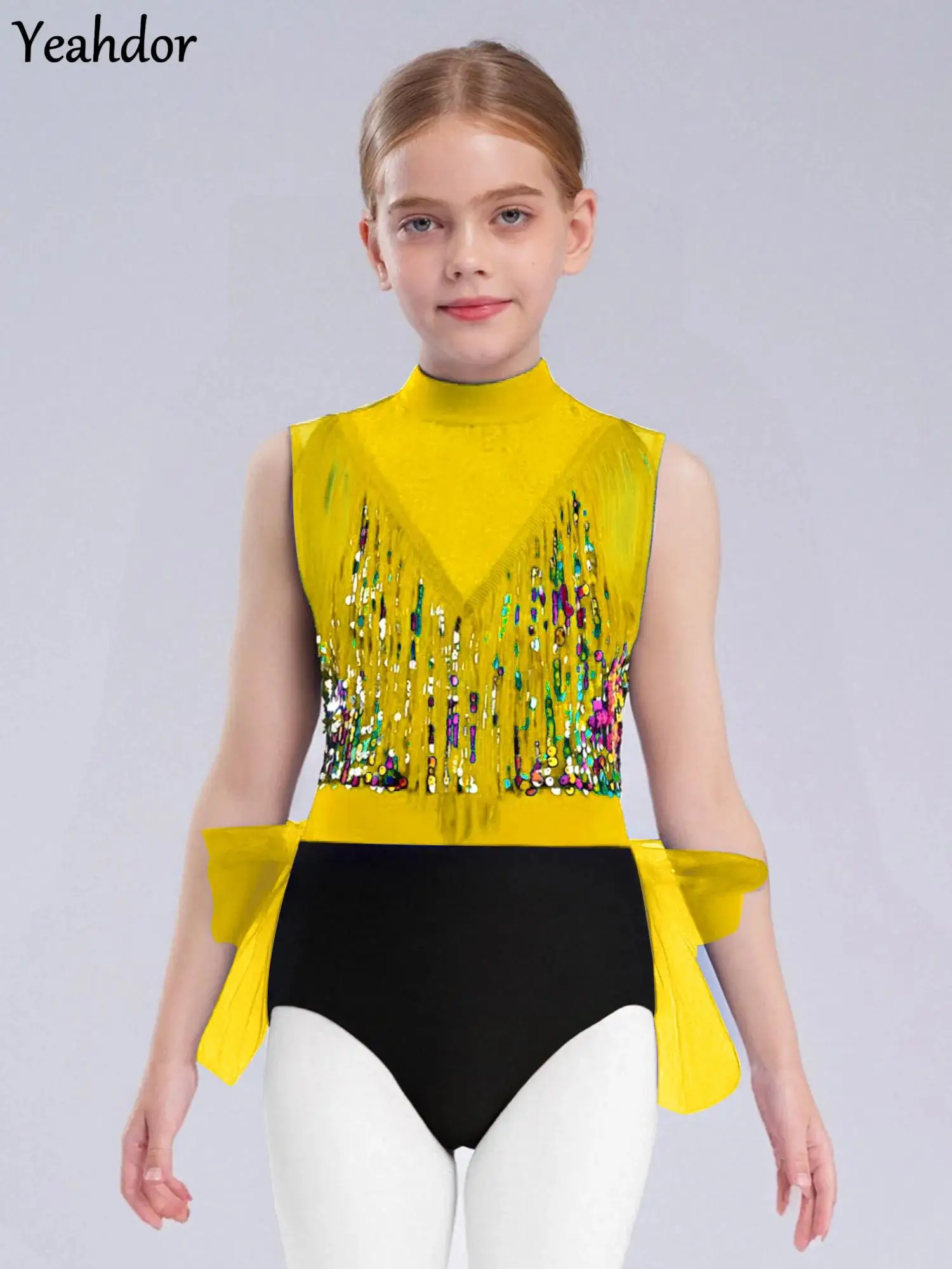 

Girls Ballet Dance Leotard Latin Dance Dress Sleeveless Cutout Back Sequin Tassels Figure Skating Gymnastics Tutu Skirt Bodysuit