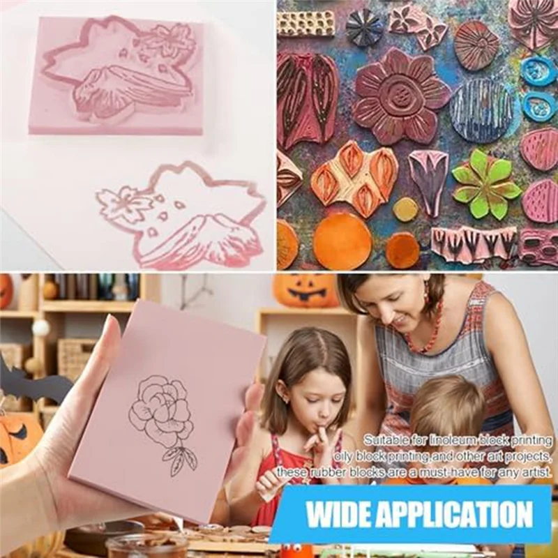 4-Piece 15 X 10Cm Pink Rubber Engraved Linoleum Block Stamp Making Kit For Print Production Easy To Use
