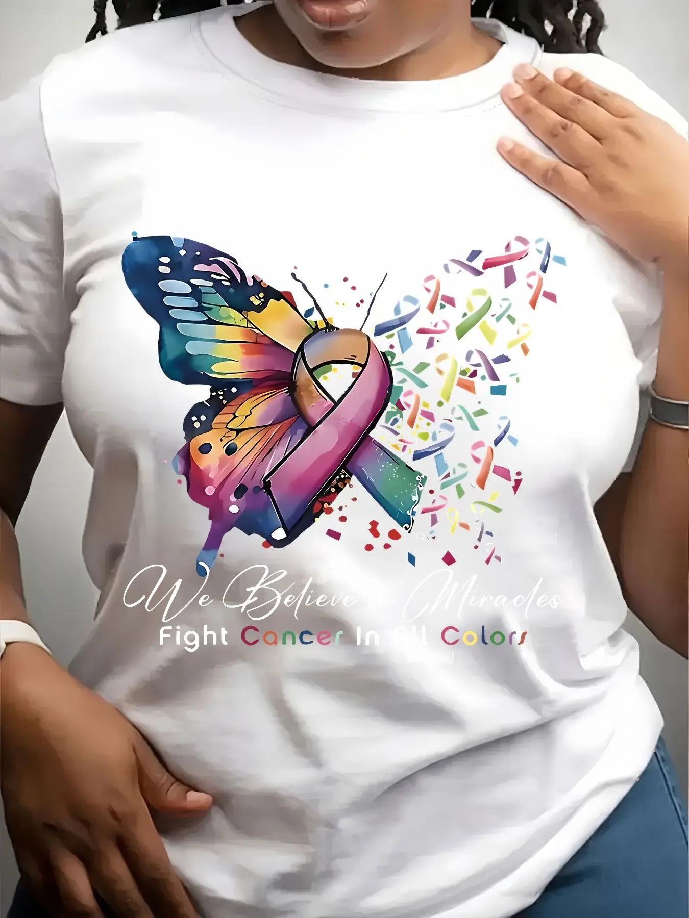 Women's Trendy Crew Neck T-Shirt Colorful Butterfly Ribbon Cancer Awareness Suitable for Casual Sportswear