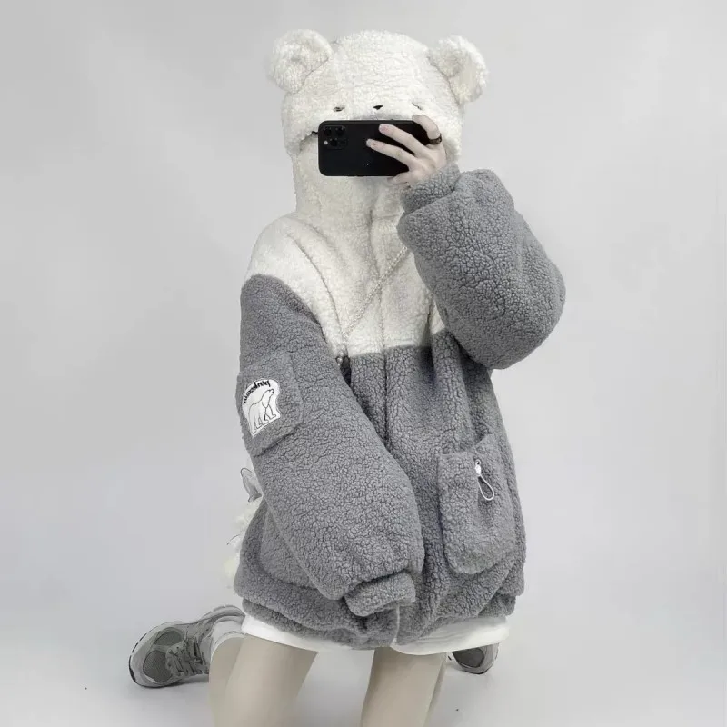 

Japanese Cute Bear Hoodies Women Autumn Winter Clothes Imitation Lambs Wool Hooded Tops Streetwear BF Kawaii Lolita Plush Coat