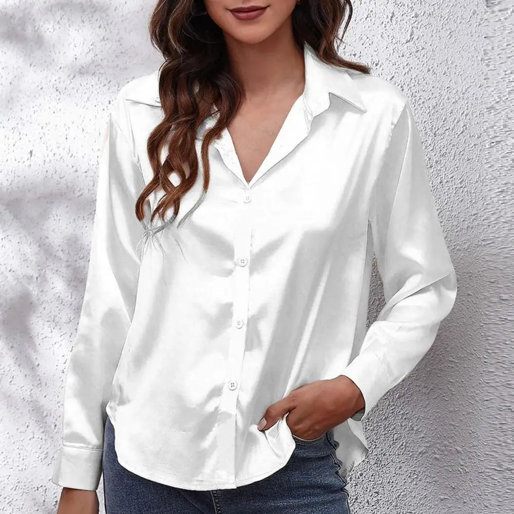 

Spring Autumn Satin Shirt Women Loose Lapel Button Up Blouse Shirt Tops Ladies Imitation Silk Long Sleeve Shirt Fashion Clothing