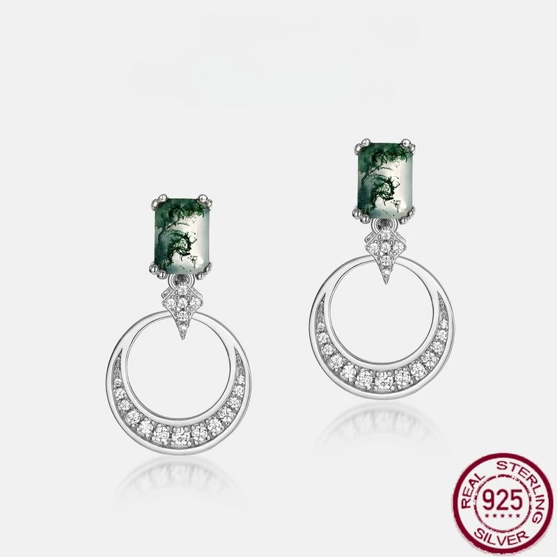 

New S925 Pure Silver Green Moss Stone Water Grass Agate Light Luxury Noble European and American Wedding Jewelry