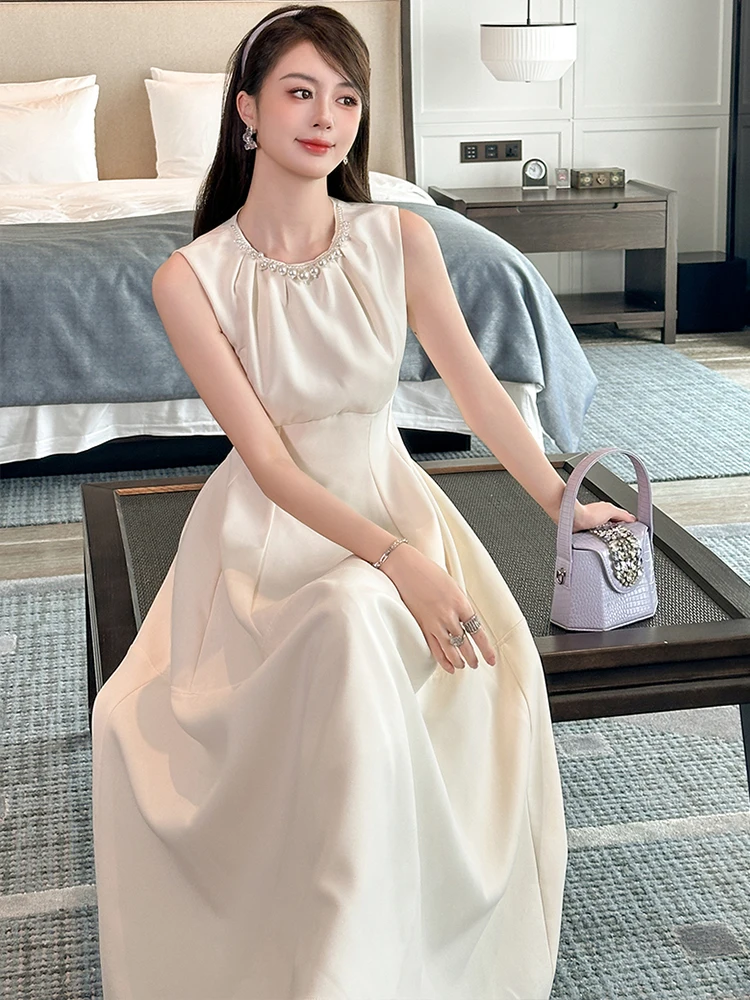 Elegante mode klassieke avondjurk voor vrouwen zoete verjaardag parel geplooid lang gewaad dame vest feestkleding banket vestidos