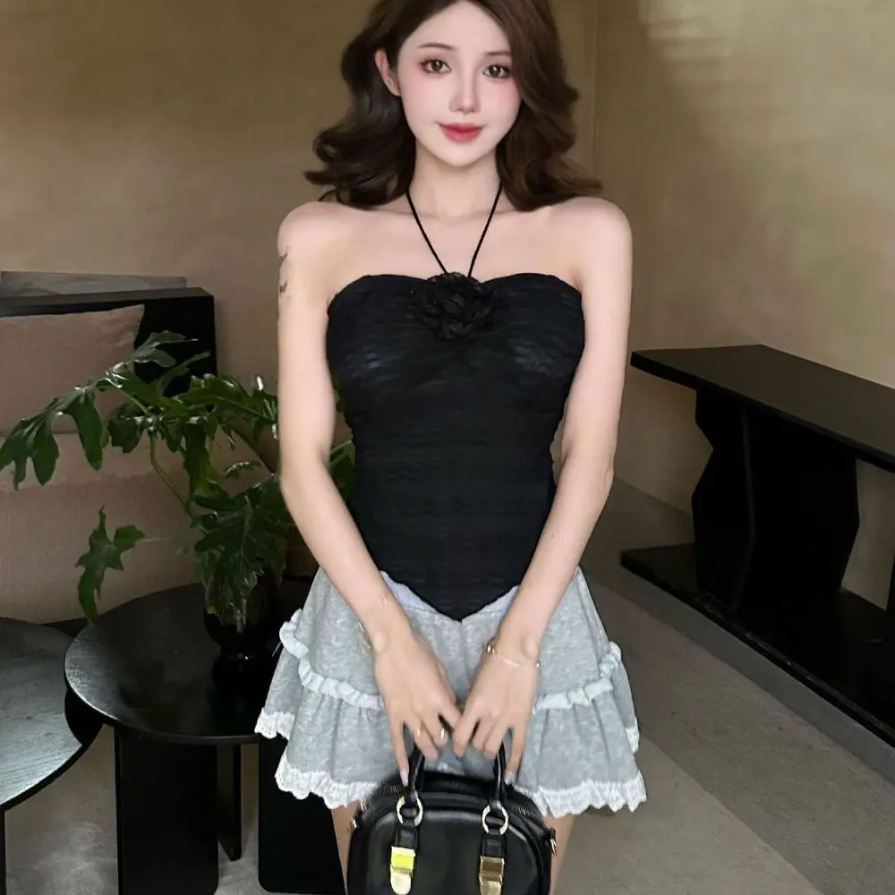 

Fashion Pleated Halter Flower Camisole Sleeveless Sweet Suspender Vest Spicy Girl Slim Crop Tops Spring Summer