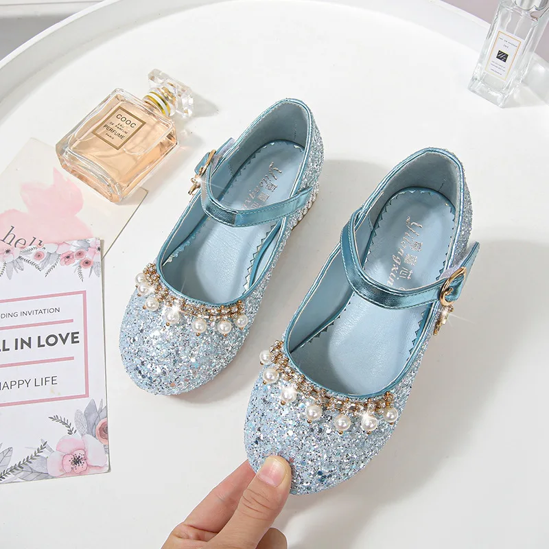 Children Princess Shoes Glitter Party Wedding Shoes For Girls Fashion Rhinestone Toddlers Ballet Flats Causal Kids Leather Shoes