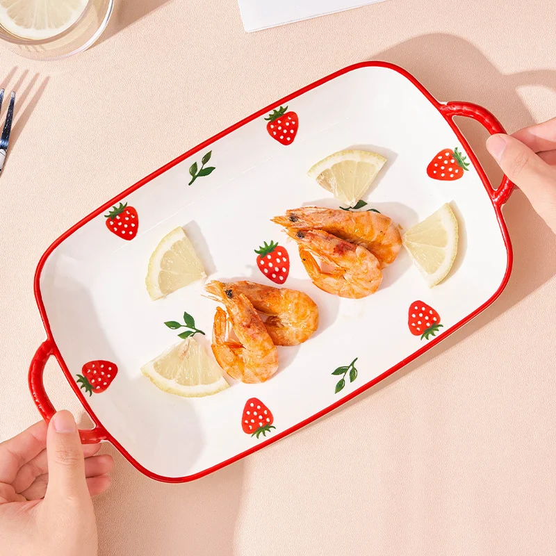 1/2pcs 12in Ceramic Dinner Plate Set with Cute Strawberry Pattern Fish Plate, Kitchen Accessory, Large Steamed Fish Plate