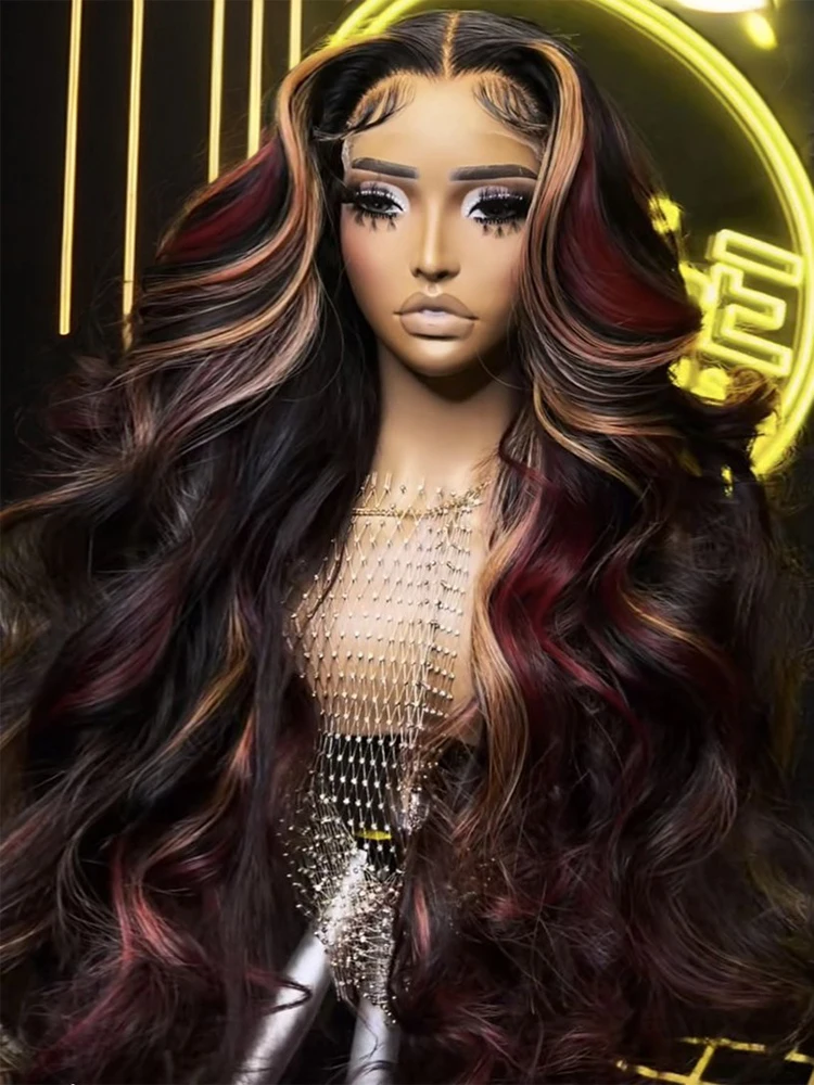

1B/27/Red Highlight 30 Inch Glueless Human Hair Wig 5x5 Transparent Lace Closure Body Wave 200 Density Pre Plucked