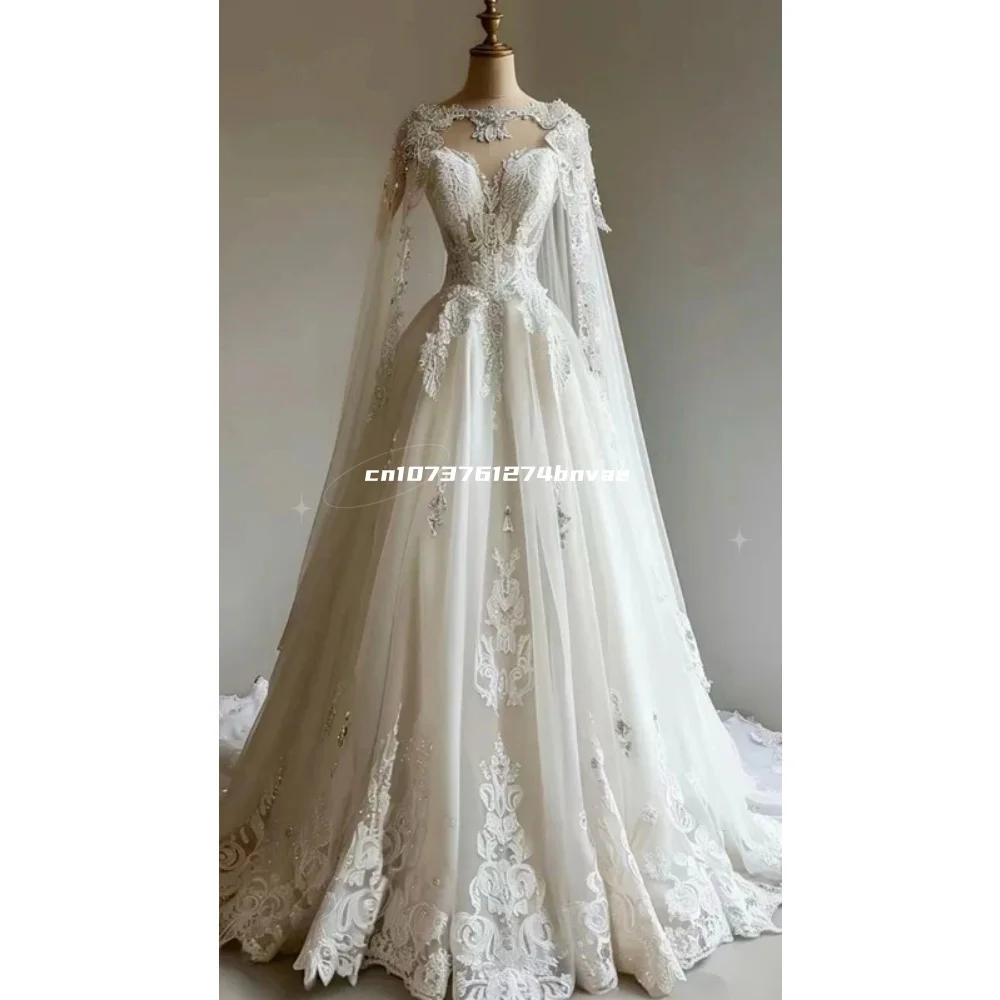 Maßgeschneidertes mittelalterliches Hochzeitskleid, Cape-Wickel-Spitze-Applikation, Elfenbein, langes A-Linien-Fee-Brautkleid, Vintage-Stil, Vestido de Novia 2025