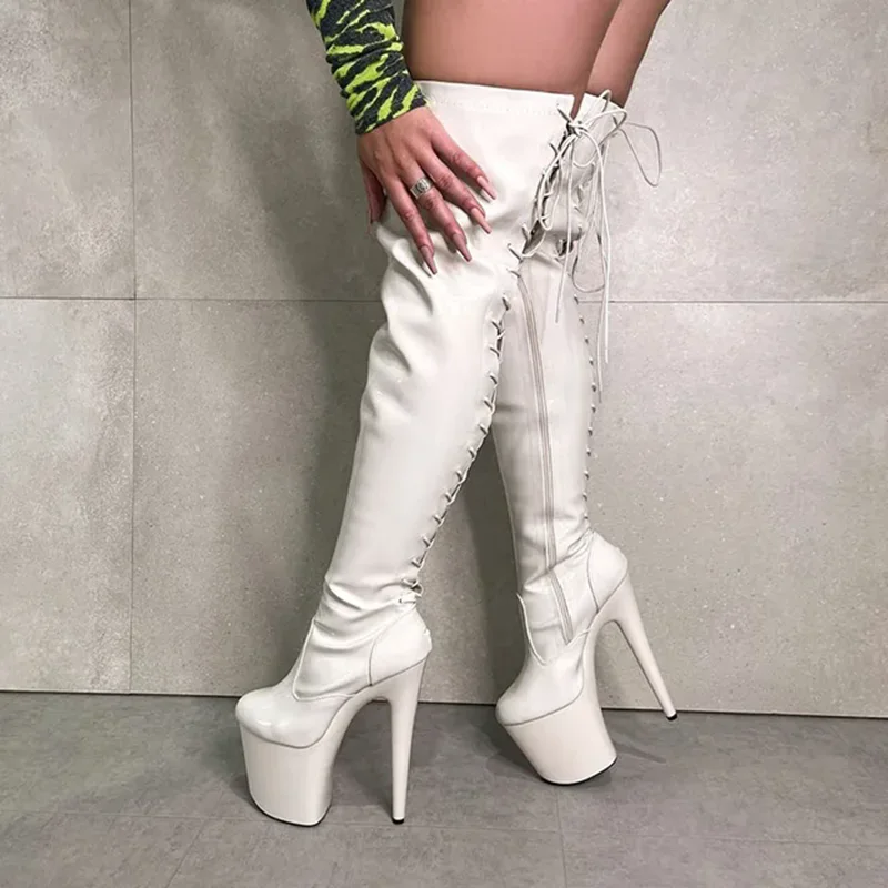 20 CM High Stripper Heeled Patent Leather Lace Up Thick Platform 8 Inches Over The Knee Women Boots Nightclub Pole Dancing Shoes