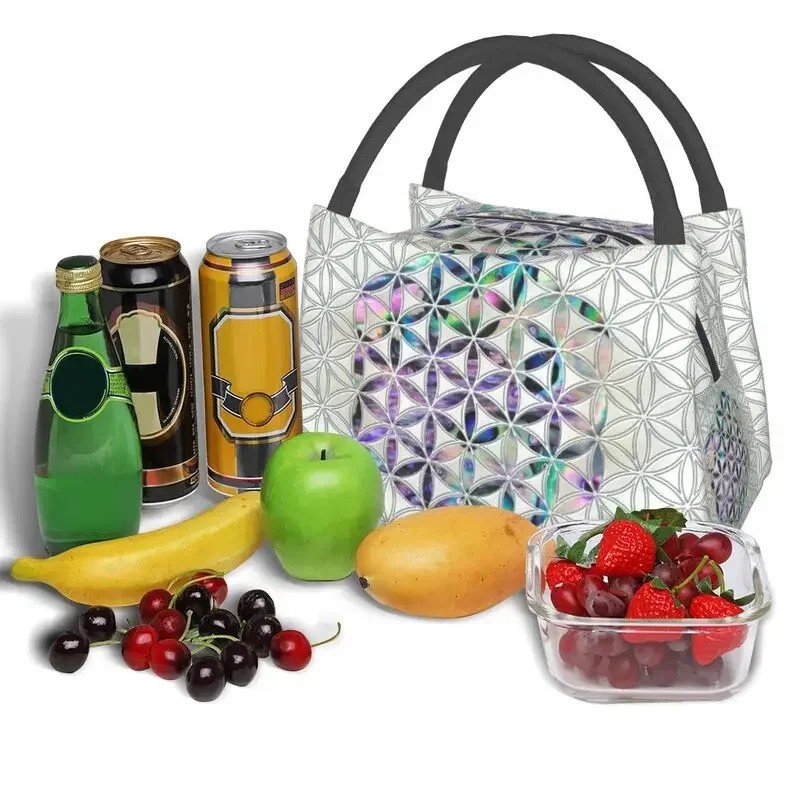 Flower Of Life Abalone Shell On Pearl Insulated Lunch Tote Bag for Women Geometric Mandala Portable Cooler Thermal Bento Box