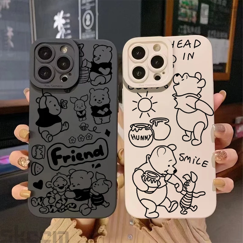 Black Winnie the Pooh Pattern Phone Case For iPhone 16 Pro Max 15 14 13 12 11 XS XR X 7 8 15 16 Plus Shockproof Soft Cover