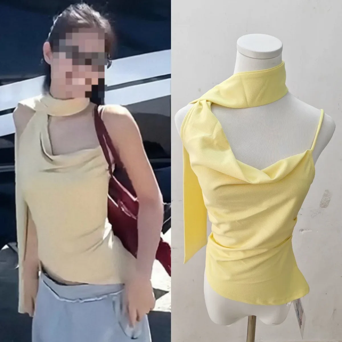 الأصفر وشاح مائل الكتف الرسن الرقبة سترة المرأة أعلى المدى الطويل 2025 الصيف الذهب Zhini Jennie نمط سترة عصرية