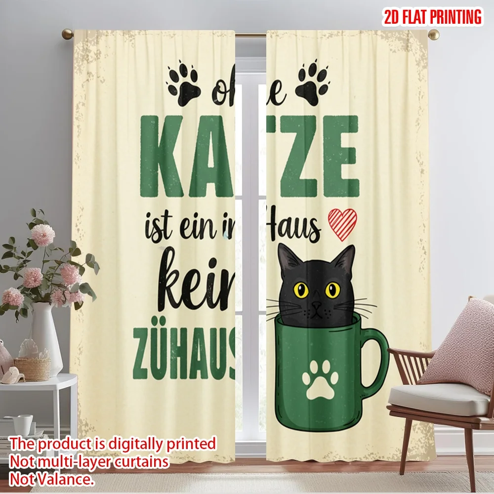 

2pcs 2D flat printing Curtain Black Cat Home Love Polyester Without Electricity Family Party for Multipurpose Event Decoration