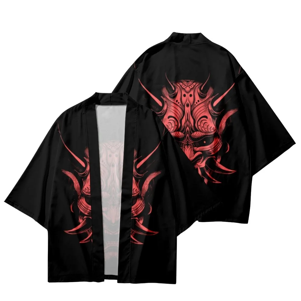 Men Yukata Cardigan Cosplay Haori 2022 Japanese Illustration Demon Anime Print Traditional Kimono Oversized Streetwear Tops