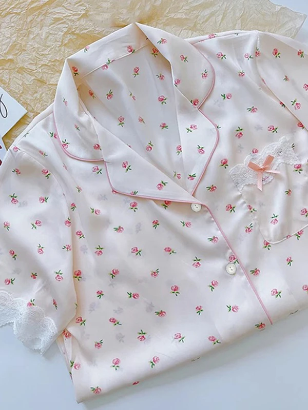 Sweet Floral Summer Thin Lace  Short Sleeve Ice Silk Home Clothes Set Women's Sleepwear Three-Piece Set  Style