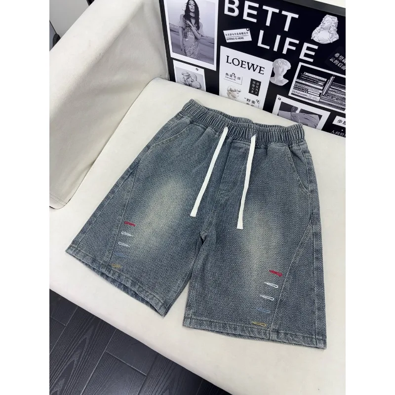 Men American High Street Embroidered Denim Shorts Loose Thin Summer Casual Five Point Short Pants